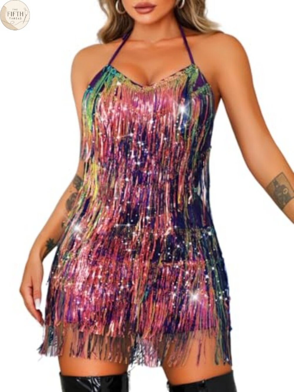 Kaei&Shi Sequin Fringe Romper for Women, Sparkly Glitter Backless Dance Outfit